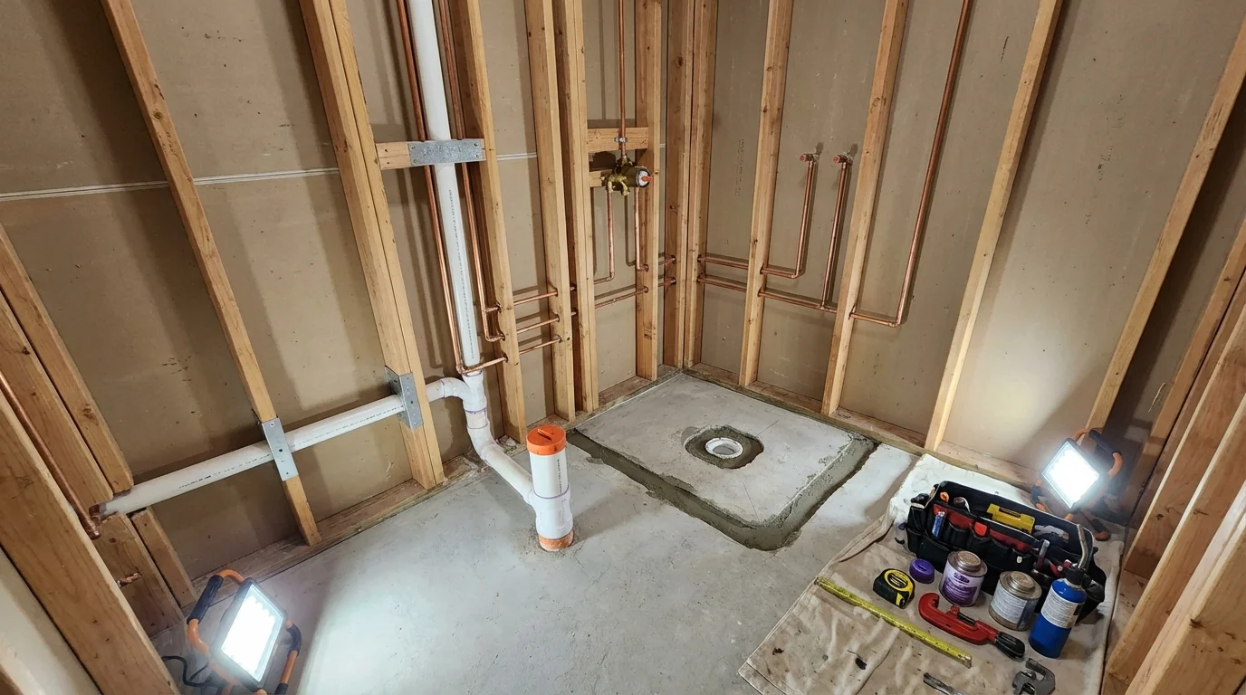 Bathroom rough-in plumbing during remodel by Johns Plumbing LLC in New Glarus