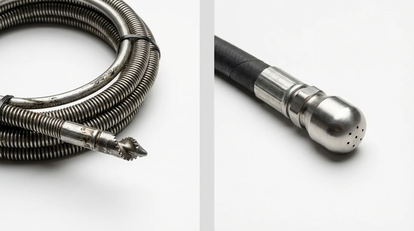 Drain snake cable and hydro jetting nozzle used for drain cleaning in New Glarus, WI