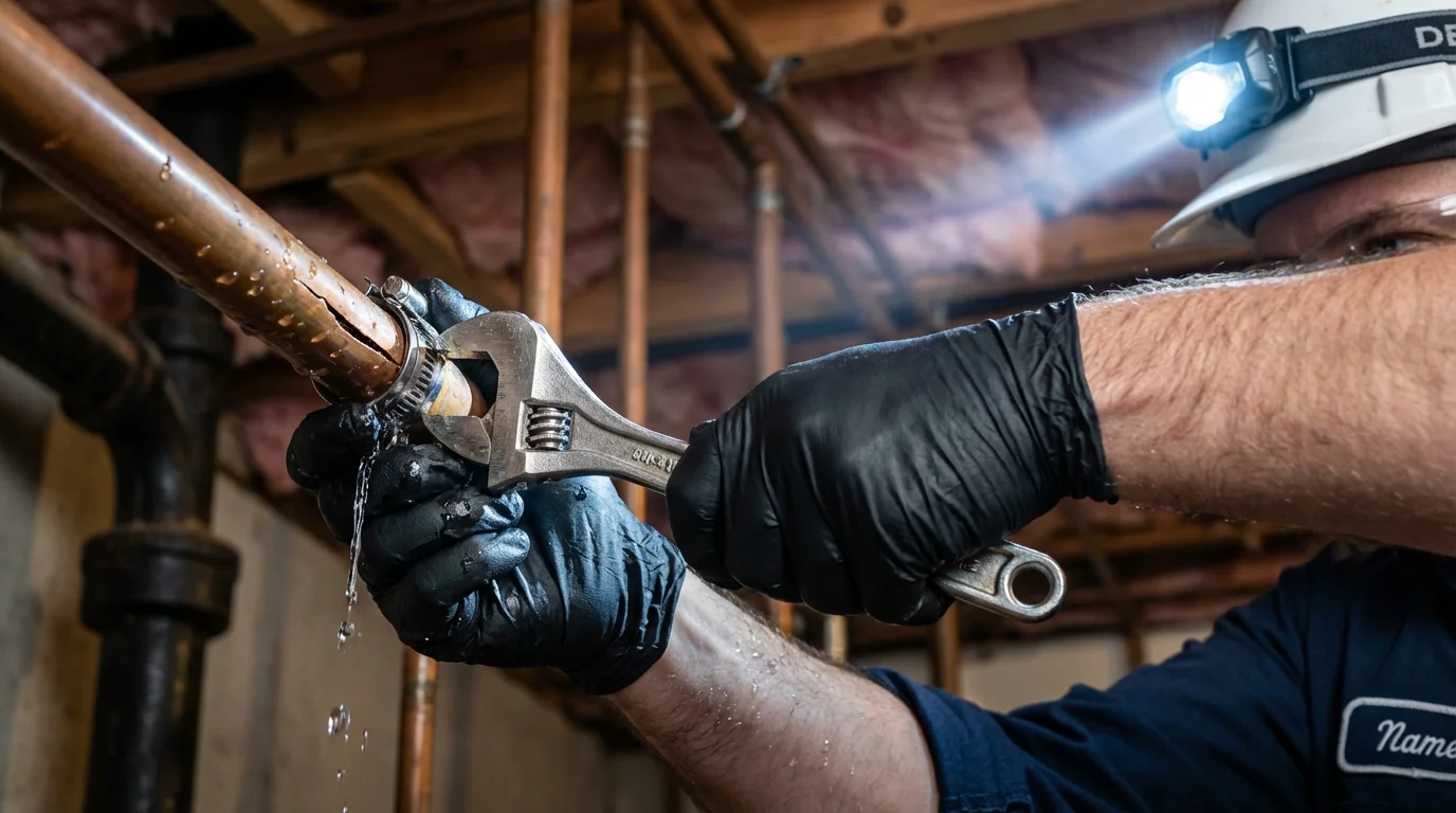 Emergency pipe clamp repair being performed by a Johns Plumbing LLC plumber in New Glarus