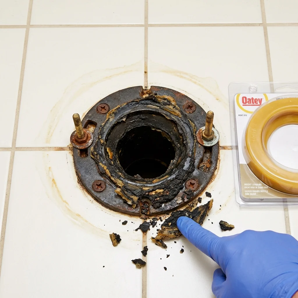 Failed wax ring showing water seepage at the base of a toilet in a New Glarus, WI home