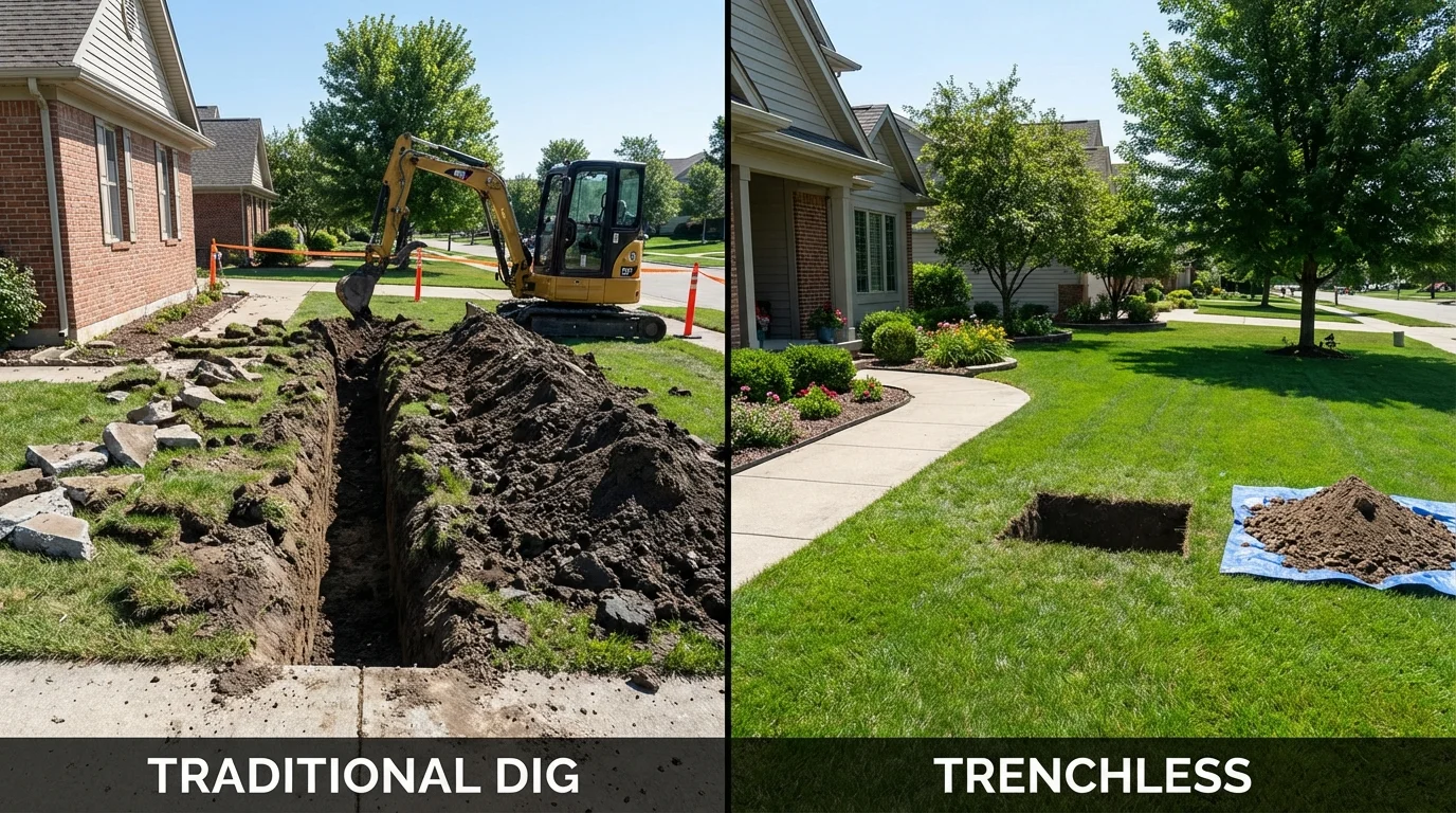 Trenchless sewer repair with minimal yard damage versus traditional excavation in New Glarus, WI