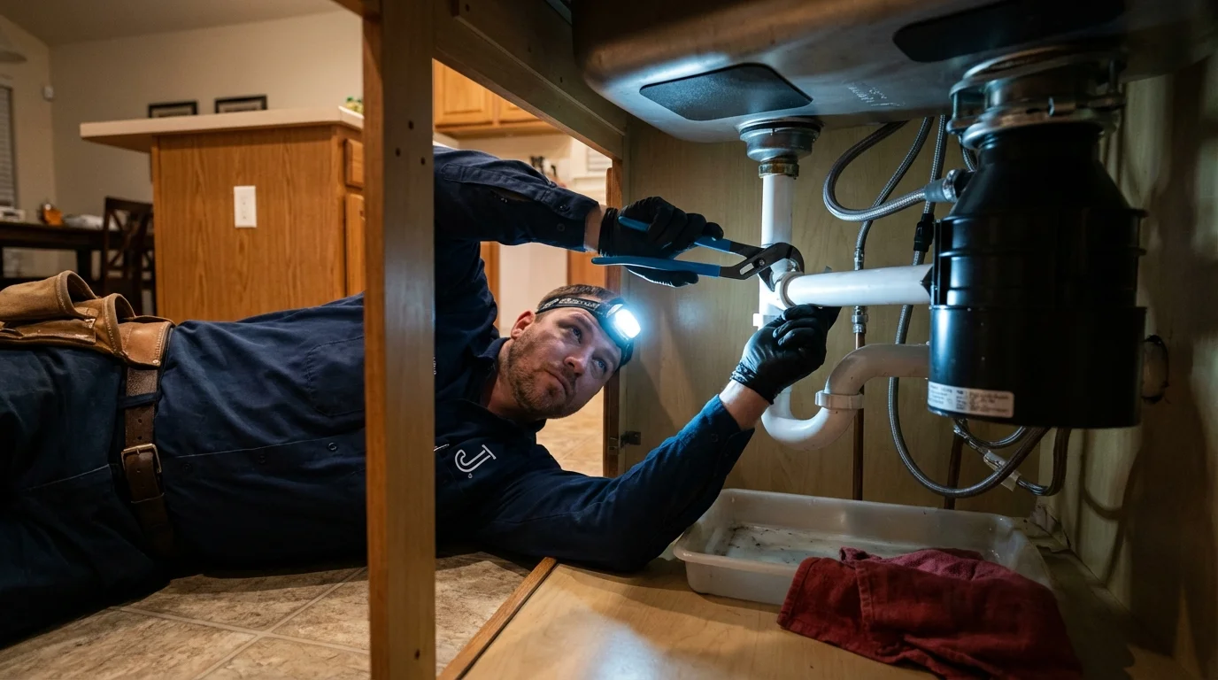 P-trap and supply line connections under a kitchen sink showing a common leak point in New Glarus, WI